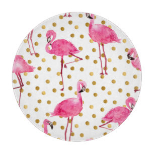 Pink flamingos, golden dots, watercolor. cutting board