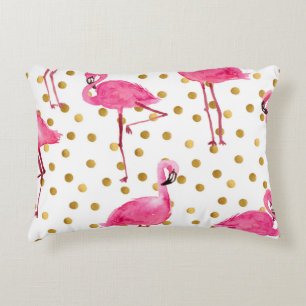 Pink flamingos, golden dots, watercolor. decorative cushion