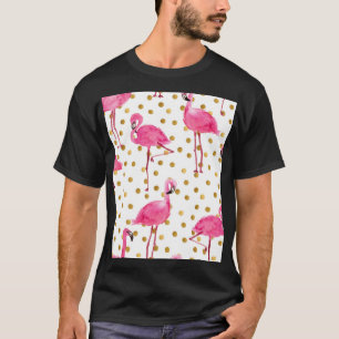 Pink flamingos, golden dots, watercolor. T-Shirt
