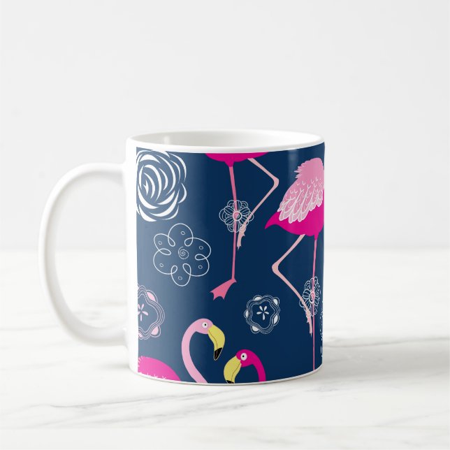 Pink Flamingos: Graphic Dark Pattern Coffee Mug (Left)