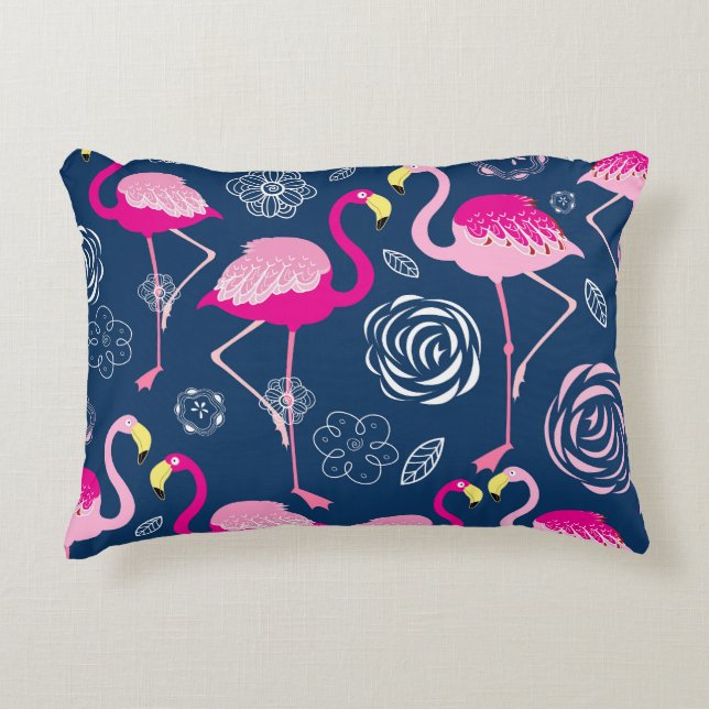 Pink Flamingos: Graphic Dark Pattern Decorative Cushion (Front)