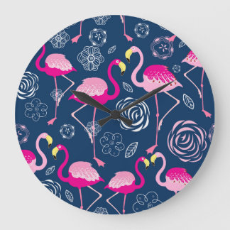 Pink Flamingos: Graphic Dark Pattern Large Clock