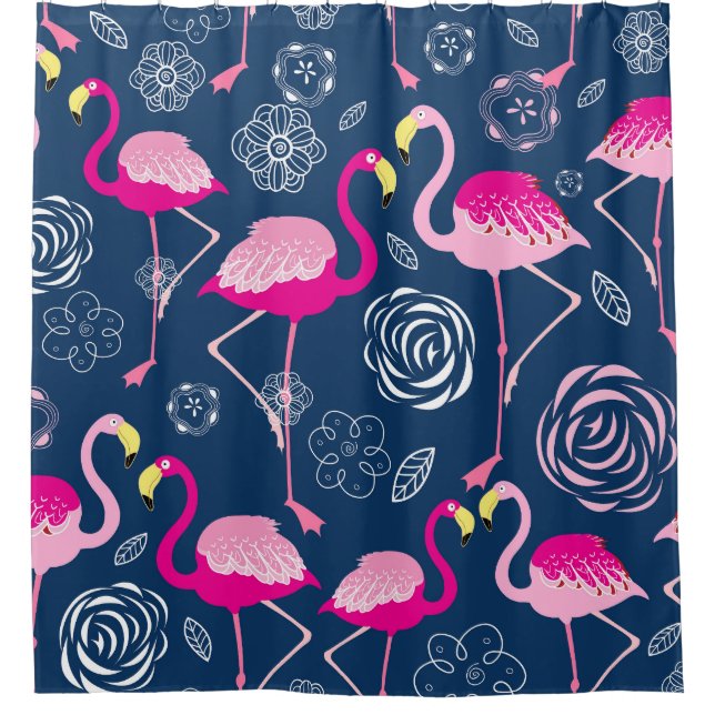 Pink Flamingos: Graphic Dark Pattern Shower Curtain (Front)