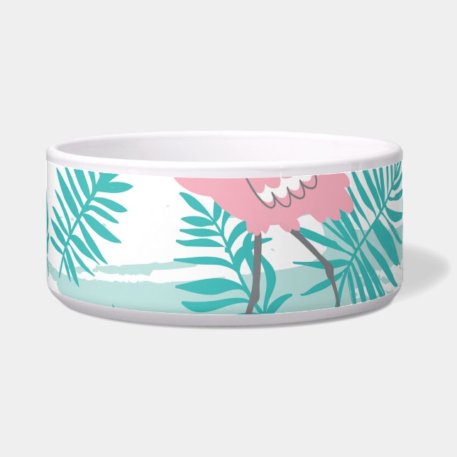 Pink flamingos, green palm leaves, tropical. (Front)