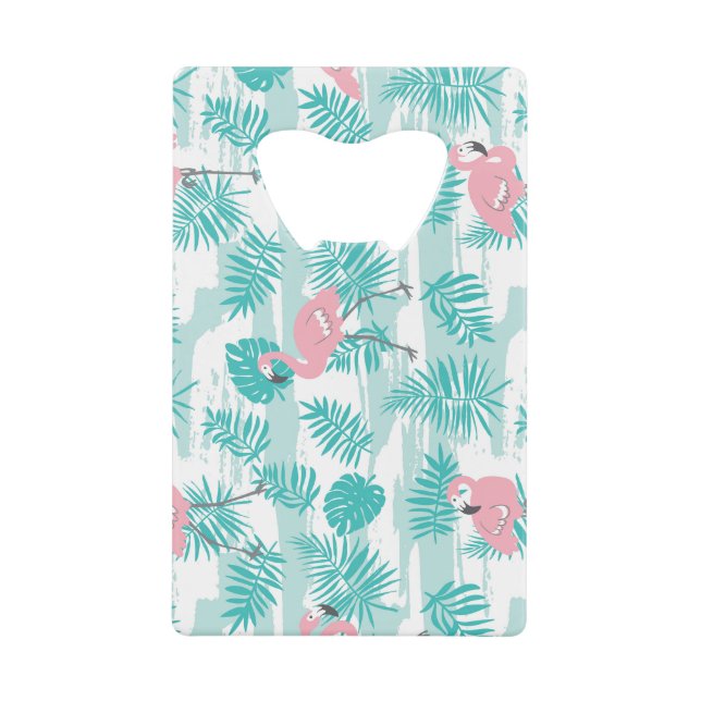 Pink flamingos, green palm leaves, tropical. (Front)