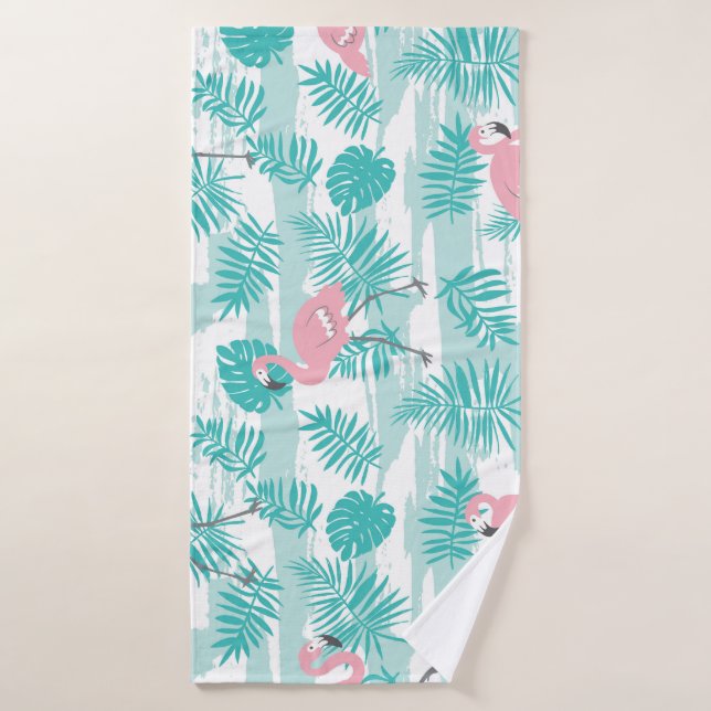 Pink flamingos, green palm leaves, tropical. bath towel (Bath Towel)
