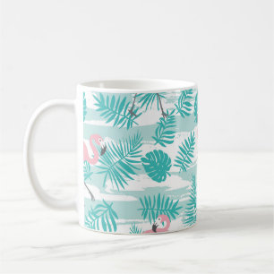 Pink flamingos, green palm leaves, tropical. coffee mug