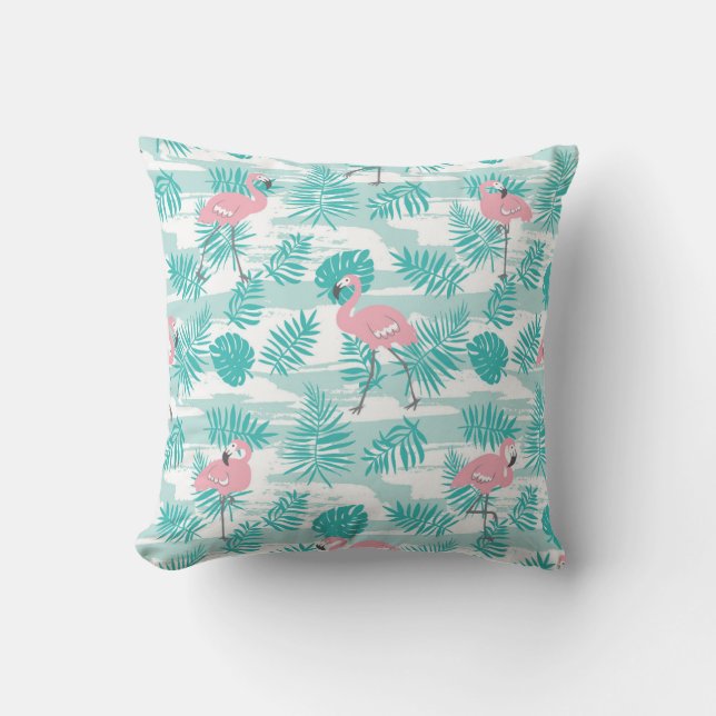 Pink flamingos, green palm leaves, tropical. cushion (Front)
