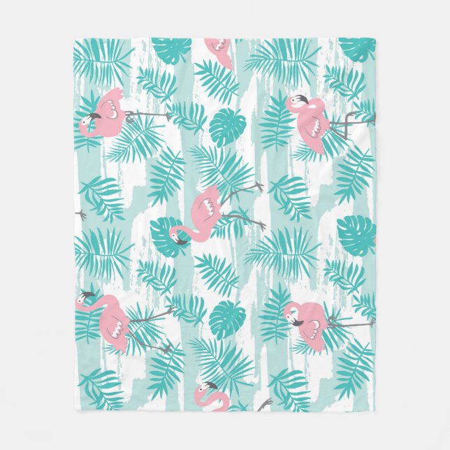 Pink flamingos, green palm leaves, tropical. fleece blanket (Front)