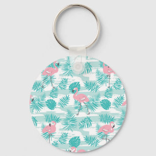 Pink flamingos, green palm leaves, tropical. key ring