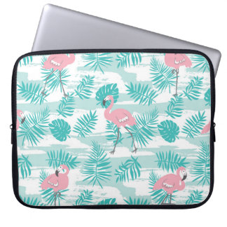 Pink flamingos, green palm leaves, tropical. laptop sleeve