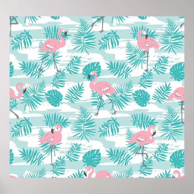 Pink flamingos, green palm leaves, tropical. poster (Front)