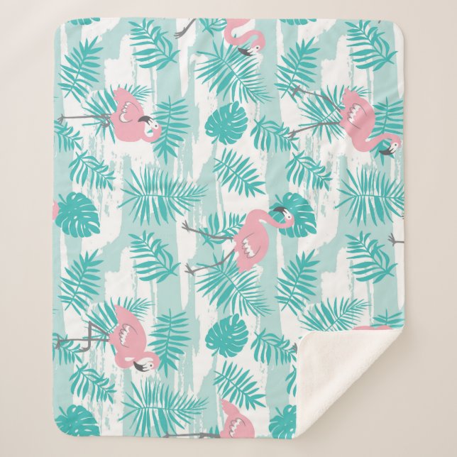 Pink flamingos, green palm leaves, tropical. sherpa blanket (Front)