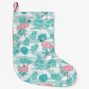 Pink flamingos, green palm leaves, tropical. small christmas stocking