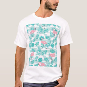 Pink flamingos, green palm leaves, tropical. T-Shirt