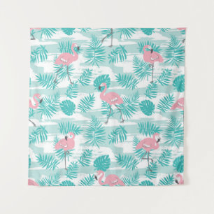 Pink flamingos, green palm leaves, tropical. tapestry