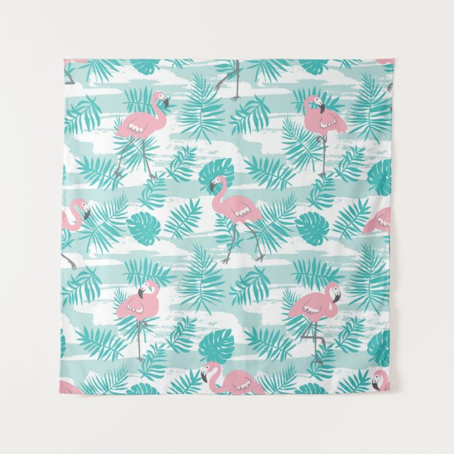 Pink flamingos, green palm leaves, tropical. tapestry (Front)