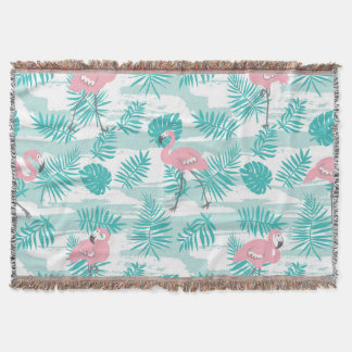 Pink flamingos, green palm leaves, tropical. throw blanket
