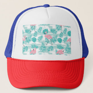 Pink flamingos, green palm leaves, tropical. trucker hat