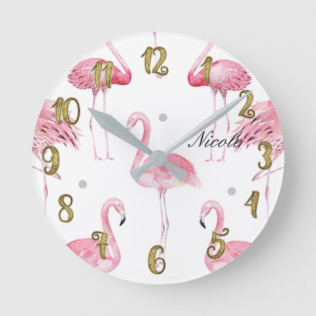Pink Flamingos Grey Polka Dots Chic Minimal Custom Round Clock (Front)
