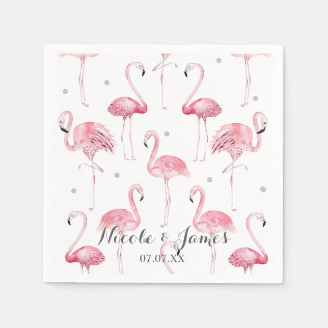 Pink Flamingos Grey Polka Dots Chic Pattern Party Napkin (Front)
