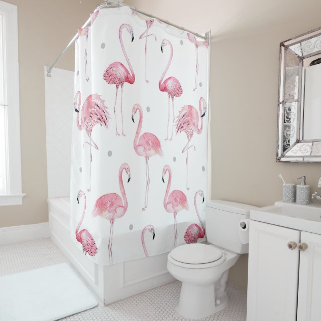 Pink Flamingos Grey Polka Dots Chic Tropical Shower Curtain (In Situ)