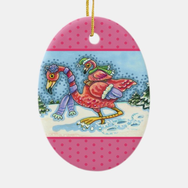 PINK FLAMINGOS HEADING SOUTH FOR WINTER, CHRISTMAS CERAMIC ORNAMENT (Back)