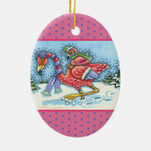PINK FLAMINGOS HEADING SOUTH FOR WINTER, CHRISTMAS CERAMIC ORNAMENT