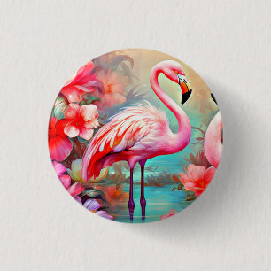 Pink Flamingos in A Lake with Flowers-20231 3 Cm Round Badge