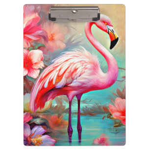 Pink Flamingos in A Lake with Flowers-20231 Clipboard