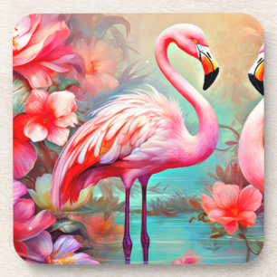 Pink Flamingos in A Lake with Flowers-20231 Coaster