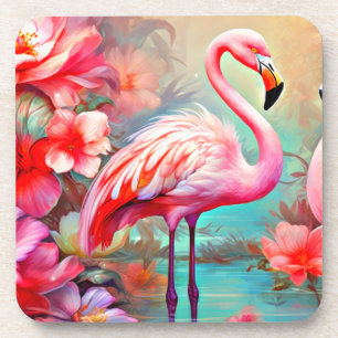 Pink Flamingos in A Lake with Flowers-20231 Coaster