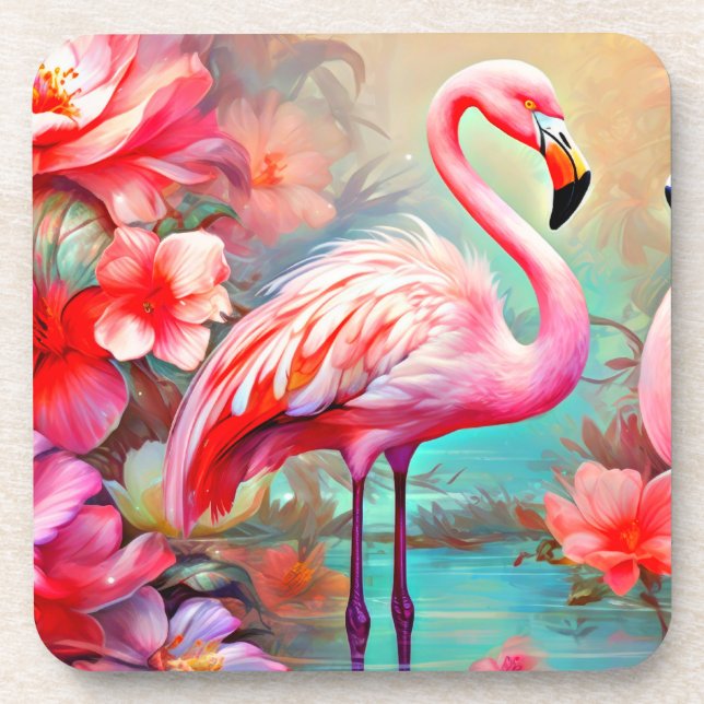 Pink Flamingos in A Lake with Flowers-20231 Coaster (Front)
