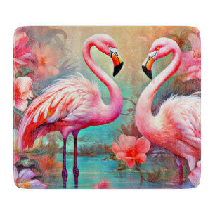 Pink Flamingos in A Lake with Flowers-20231 Cutting Board
