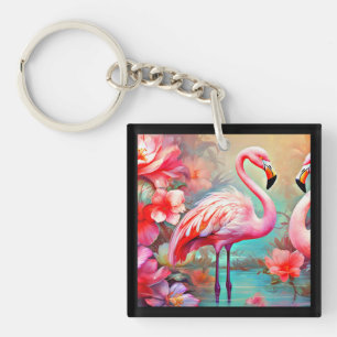 Pink Flamingos in A Lake with Flowers-20231 Key Ring