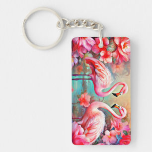 Pink Flamingos in A Lake with Flowers-20231 Key Ring