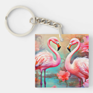 Pink Flamingos in A Lake with Flowers-20231 Key Ring