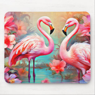 Pink Flamingos in A Lake with Flowers-20231 Mouse Pad
