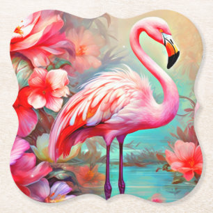 Pink Flamingos in A Lake with Flowers-20231 Paper Coaster