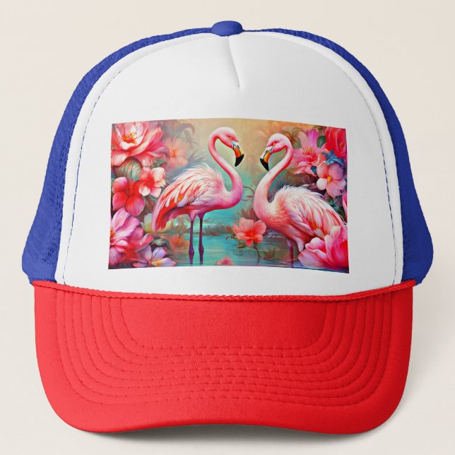Pink Flamingos in A Lake with Flowers-20231 Trucker Hat (Front)