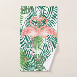 Pink Flamingos In Love,Hearts,Palm Leaves  Bath Towel Set