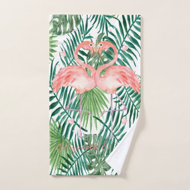Pink Flamingos In Love,Hearts,Palm Leaves  Bath Towel Set (Hand Towel)