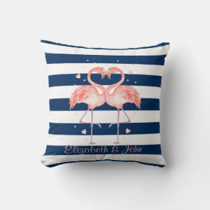 Pink Flamingos In Love,Navy Blue Stripes Cushion