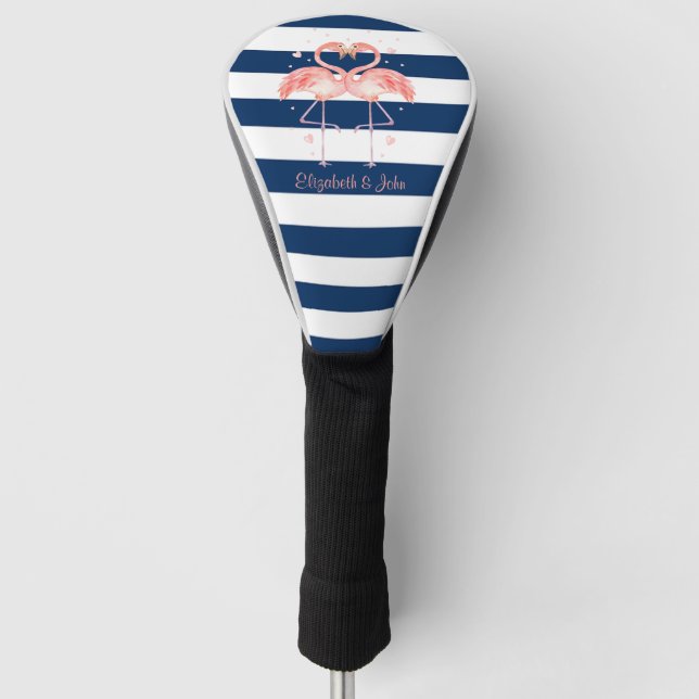 Pink Flamingos In Love,Navy Blue Stripes    Golf Head Cover (Front)