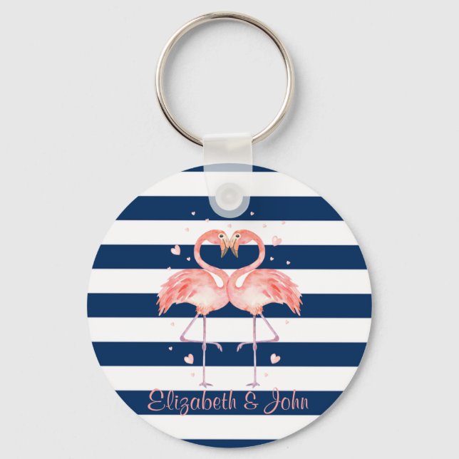 Pink Flamingos In Love,Navy Blue Stripes   Key Ring (Front)