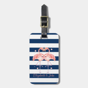 Pink Flamingos In Love,Navy Blue Stripes Luggage Tag