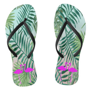 Pink Flamingos In Love On Palm  Leaves Thongs