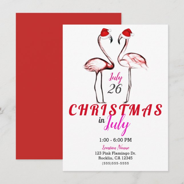 Pink Flamingos in Santa Hats Christmas in July Invitation (Front/Back)