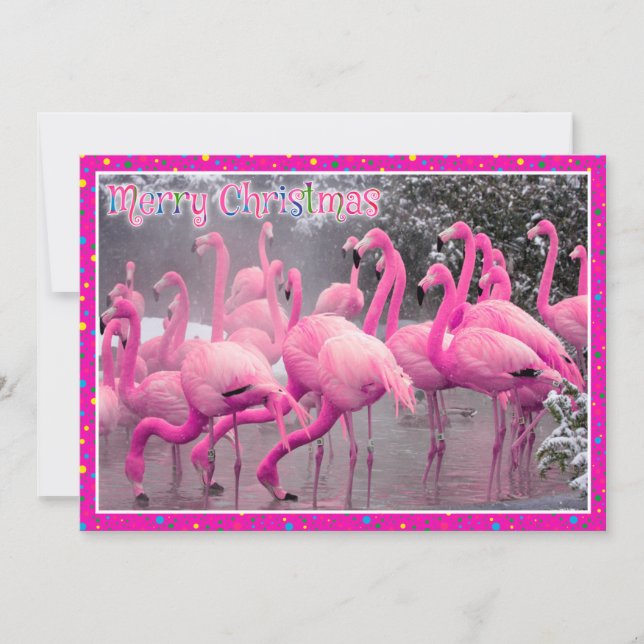 Pink Flamingos in the Snow Merry Christmas Holiday Card (Front)