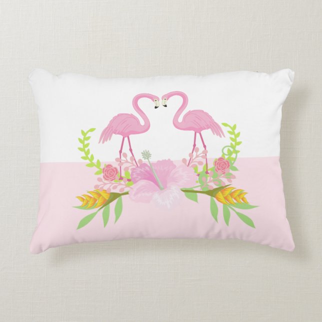 Pink flamingos love birds tropical flowers decorative cushion (Front)